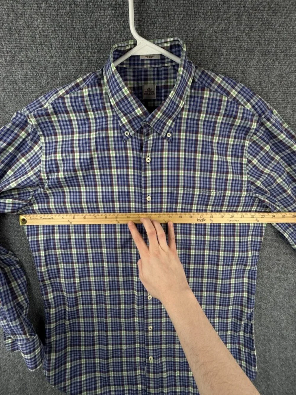 Peter Millar Long Sleeve Button Up Shirt Plaid Green Blue Cotton Adult Woven